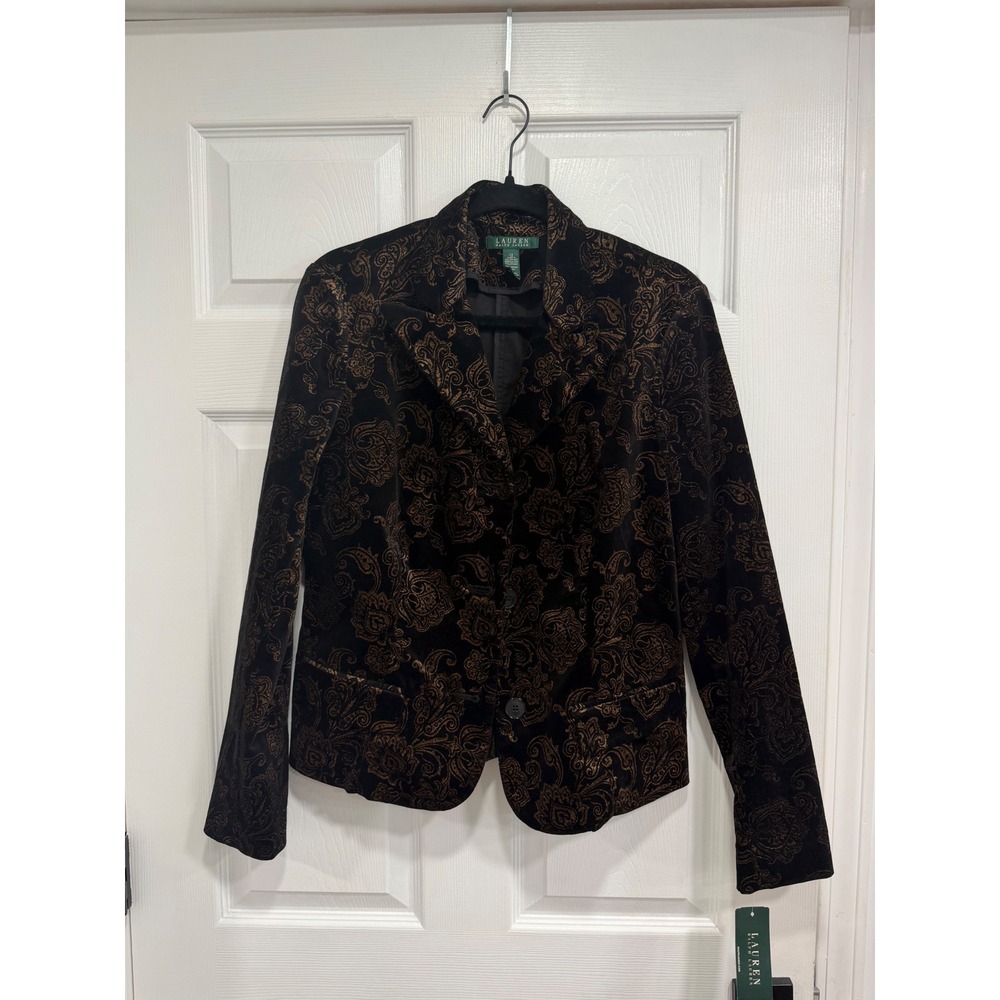 Lauren Ralph Lauren Gold Paisley Brocade Velvet Blazer Black Metallic Jacket 12